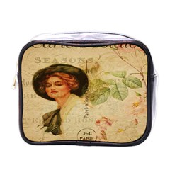 Lady On Vintage Postcard Vintage Floral French Postcard With Face Of Glamorous Woman Illustration Mini Toiletries Bags by Simbadda