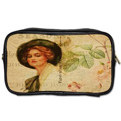 Lady On Vintage Postcard Vintage Floral French Postcard With Face Of Glamorous Woman Illustration Toiletries Bags by Simbadda