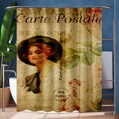 Lady On Vintage Postcard Vintage Floral French Postcard With Face Of Glamorous Woman Illustration Shower Curtain 60  X 72  (medium)  by Simbadda