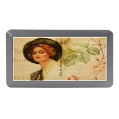 Lady On Vintage Postcard Vintage Floral French Postcard With Face Of Glamorous Woman Illustration Memory Card Reader (mini) by Simbadda