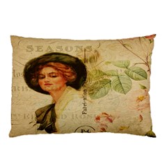 Lady On Vintage Postcard Vintage Floral French Postcard With Face Of Glamorous Woman Illustration Pillow Case (two Sides) by Simbadda