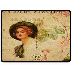 Lady On Vintage Postcard Vintage Floral French Postcard With Face Of Glamorous Woman Illustration Double Sided Fleece Blanket (large)  by Simbadda