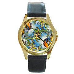 Random Fractal Background Image Round Gold Metal Watch