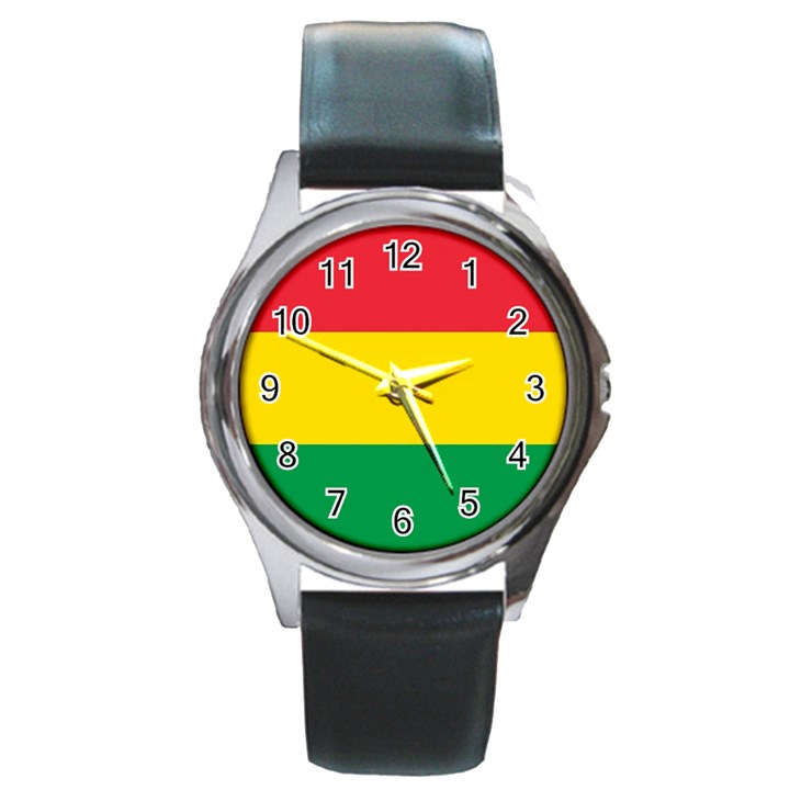 Rasta Colors Red Yellow Gld Green Stripes Pattern Ethiopia Round Metal Watch