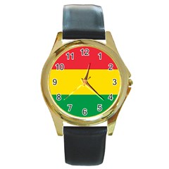 Rasta Colors Red Yellow Gld Green Stripes Pattern Ethiopia Round Gold Metal Watch by yoursparklingshop