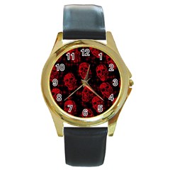 Sparkling Glitter Skulls Red Round Gold Metal Watch by ImpressiveMoments