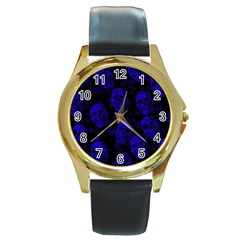 Sparkling Glitter Skulls Blue Round Gold Metal Watch by ImpressiveMoments