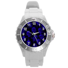 Sparkling Glitter Skulls Blue Round Plastic Sport Watch (l) by ImpressiveMoments