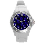 Sparkling Glitter Skulls Blue Round Plastic Sport Watch (L) Front