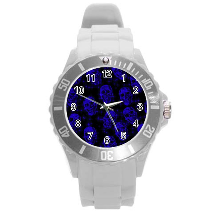 Sparkling Glitter Skulls Blue Round Plastic Sport Watch (L)