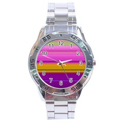 Stripes Colorful Background Colorful Pink Red Purple Green Yellow Striped Wallpaper Stainless Steel Analogue Watch by Simbadda