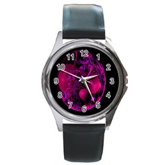 Fractal Using A Script And Coloured In Pink And A Touch Of Blue Round Metal Watch by Simbadda