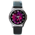 Fractal Using A Script And Coloured In Pink And A Touch Of Blue Round Metal Watch Front