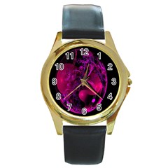 Fractal Using A Script And Coloured In Pink And A Touch Of Blue Round Gold Metal Watch by Simbadda