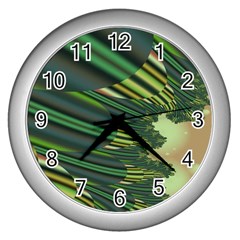 A Feathery Sort Of Green Image Shades Of Green And Cream Fractal Wall Clocks (silver)  by Simbadda