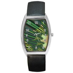 A Feathery Sort Of Green Image Shades Of Green And Cream Fractal Barrel Style Metal Watch by Simbadda