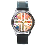 Union Jack Abstract Watercolour Painting Round Metal Watch Front