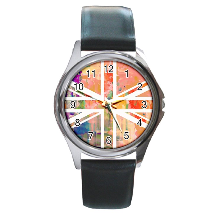 Union Jack Abstract Watercolour Painting Round Metal Watch