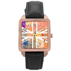 Union Jack Abstract Watercolour Painting Rose Gold Leather Watch  by Simbadda