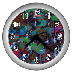 Dark Watercolor On Partial Image Of San Francisco City Mural Usa Wall Clocks (silver)  by Simbadda