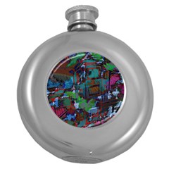 Dark Watercolor On Partial Image Of San Francisco City Mural Usa Round Hip Flask (5 Oz) by Simbadda