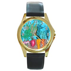 Mural Displaying Array Of Garden Vegetables Round Gold Metal Watch by Simbadda