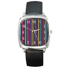 Stripes Colorful Multi Colored Bright Stripes Wallpaper Background Pattern Square Metal Watch by Simbadda