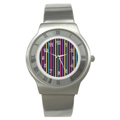 Stripes Colorful Multi Colored Bright Stripes Wallpaper Background Pattern Stainless Steel Watch by Simbadda