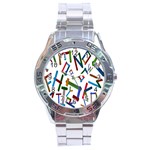 Colorful Letters From Wood Ice Cream Stick Isolated On White Background Stainless Steel Analogue Watch Front