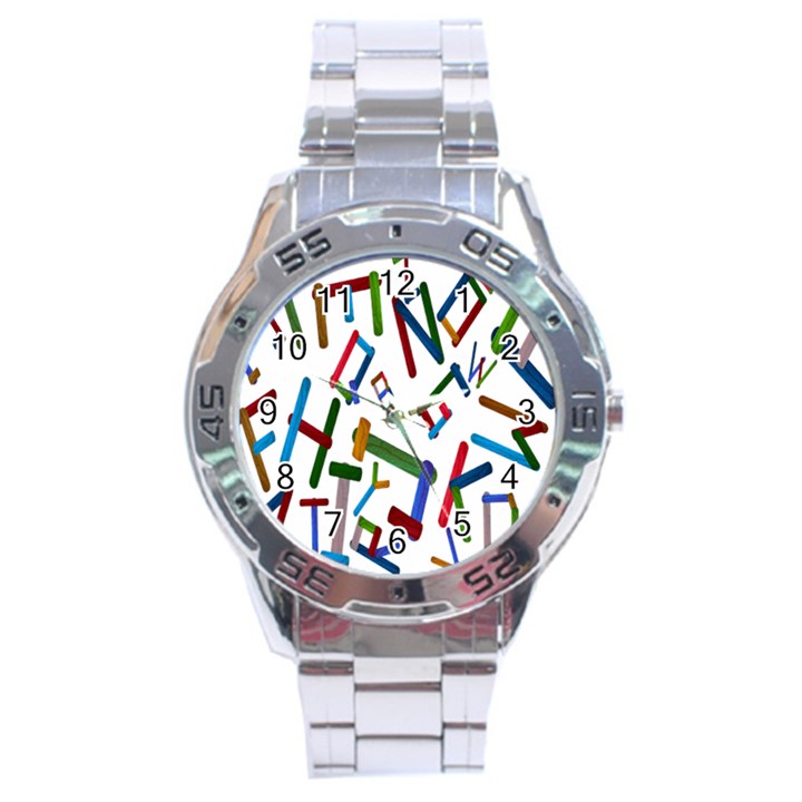 Colorful Letters From Wood Ice Cream Stick Isolated On White Background Stainless Steel Analogue Watch