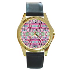 Colorful Seamless Background With Floral Elements Round Gold Metal Watch by Simbadda