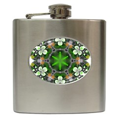 Green Flower In Kaleidoscope Hip Flask (6 Oz) by Simbadda