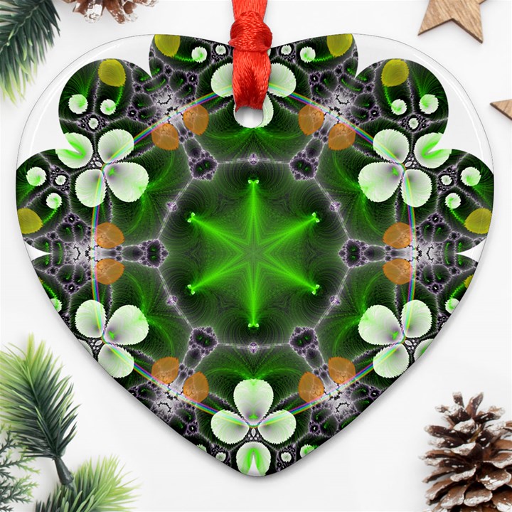 Green Flower In Kaleidoscope Heart Ornament (Two Sides)