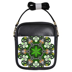 Green Flower In Kaleidoscope Girls Sling Bags by Simbadda