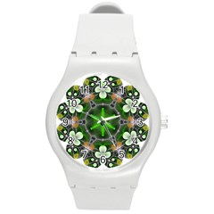 Green Flower In Kaleidoscope Round Plastic Sport Watch (m) by Simbadda