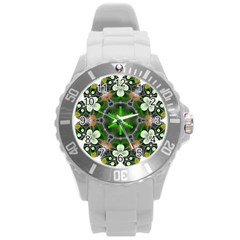 Green Flower In Kaleidoscope Round Plastic Sport Watch (l) by Simbadda