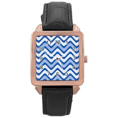 Background Of Blue Wavy Lines Rose Gold Leather Watch  by Simbadda