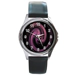 A Pink Purple Swirl Fractal And Flame Style Round Metal Watch Front