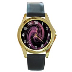 A Pink Purple Swirl Fractal And Flame Style Round Gold Metal Watch by Simbadda