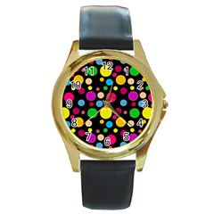 Polka Dots Round Gold Metal Watch by Valentinaart