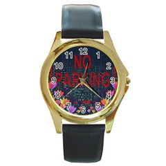 No Parking  Round Gold Metal Watch by Valentinaart