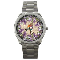 Vintage Bird And Lilac Sport Metal Watch by Valentinaart