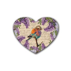 Vintage Bird And Lilac Rubber Coaster (heart)  by Valentinaart