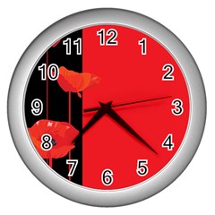 Flower Floral Red Back Sakura Wall Clocks (silver)  by Mariart