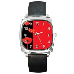 Flower Floral Red Back Sakura Square Metal Watch by Mariart