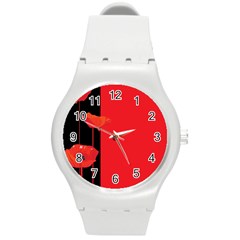 Flower Floral Red Back Sakura Round Plastic Sport Watch (m) by Mariart