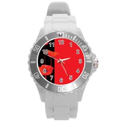 Flower Floral Red Back Sakura Round Plastic Sport Watch (l) by Mariart