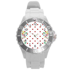 Flower Floral Polka Dot Orange Round Plastic Sport Watch (l) by Mariart