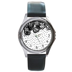 Batik Rain Black Flower Spot Round Metal Watch by Mariart