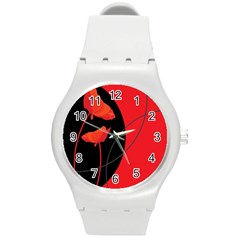 Flower Floral Red Black Sakura Line Round Plastic Sport Watch (m) by Mariart